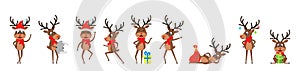 Set Funny Deers, Christmas Reindeers, Cheerful Cartoons in Santa Hats with Gifts