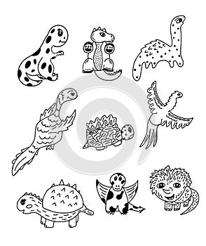 Set of funny dinosaurs. Cute dinos for childrens patterns. Doodle style, hand drawn sketch.