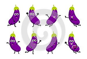 Set of funny eggplant vegetable cartoon character