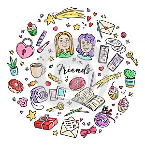 Set of funny elements Friends and Friendship. Girls Design Vector round composition