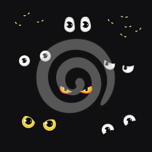 Set of funny and evil eyes in the dark - vector illustration