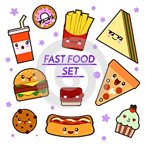 Set of funny fast food characters - pizza, French fries, burger, hot dog, sandwich ,cartoon illustration on white