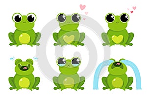 Set funny frogs with different emotions: laughs, cries, loves. Isolated on white background. Vector illustration