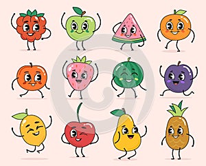 Set of funny fruit and berry characters in groovy style with emoticons