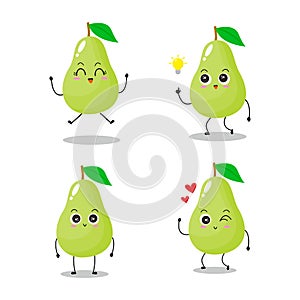 set of funny fruits. Vector illustration of green pear character with cute expression