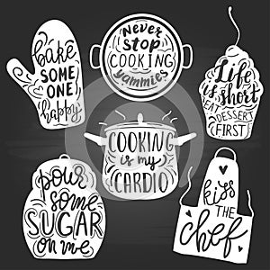 Set of funny hand drawn kitchen and cooking quotes.