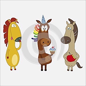 Set of funny horses cartoon character