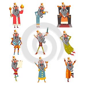 Set of funny king in various clothes. Cartoon character of old bearded man wearing gold crown. Ruler of kingdom. Flat
