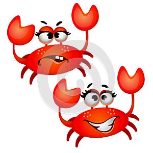 Set of funny laughing red crab isolated on white background. Vector cartoon close-up illustration.