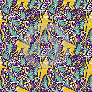 Set of funny monkeys in different poses in the jungle. Vector seamless pattern for your animal fabric design.