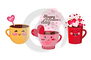 Set of funny mugs in vector. Hot chocolate, coffee, cocoa or tea with pink and red hearts. Banner or greeting card for Valentine s