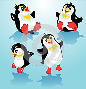 Set with funny penguins on blue icy background, cartoons for win