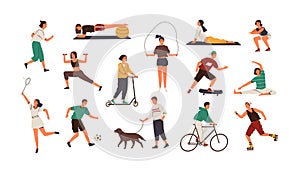 Set of funny people performing sports activities, fitness workout or playing games. Bundle of training or exercising men