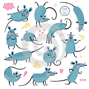 Set of funny rats for design. Cute little mice in different poses. Merry mouse romp. Vector illustration