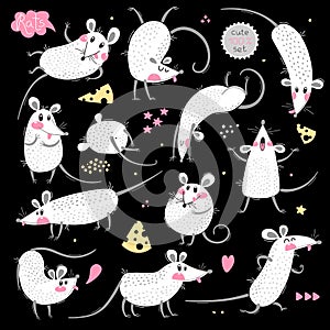 Set of funny rats for design. Cute little mice in different poses. Merry mouse romp. Vector illustration