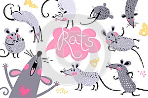 Set of funny rats for design. Cute little mice in different poses. Merry mouse romp. Vector illustration