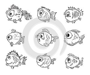 Set of Funny round fish. Cartoon animal character. Underwater world. Outline sketch. Hand drawing is isolated on a white