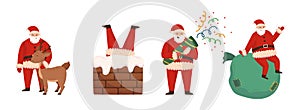 Set of Funny Santa Claus Character Caress Reindeer, Stuck in Chimney, Shoot Flapper, Sit on Huge Sack with Gifts