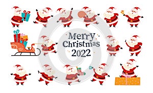 Set of funny Santa Claus characters carry gift box, presents bag and Christmas stocking, ring bell, wink, jump isolated.