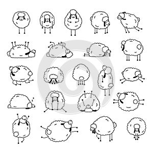 Set of funny sheeps in different poses. Cute white sheeps with black ears.