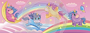 Set funny small unicorns. Cute little pony or horse. Fairytale background with rainbows and animals. Fabulous landscape. Vector.
