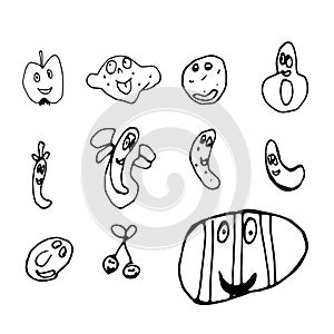 Set of funny smiling fruits with eyes in doodle style. Outline.