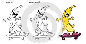 Set of funny smiling kawaii stripping banana with sunglasses and skateboard in doodle style.