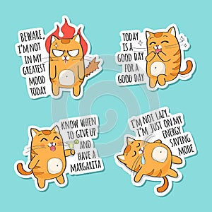 Set of funny stickers with a cute red cat and funny quotations