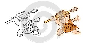 A set of funny stickers of a prehistoric primitive man, dynamic figures of a character in a cartoon style. Stickers