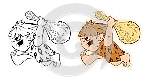 A set of funny stickers of a prehistoric primitive man, dynamic figures of a character in a cartoon style. Stickers