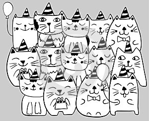 Set of funny stylized cats. Birthday celebration. Coloring page. Hand drawn doodle vector illustration