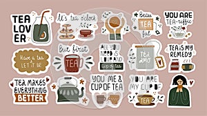 Set of funny tea quotes in stickers.