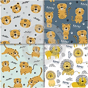 Set of funny tigers and lion seamlesss pattern, childish illustration for fabric,kids nursery