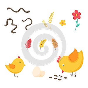 Set of funny vector chickens, eggs, feathers and worms. The graphic illustration is isolated on a white background.