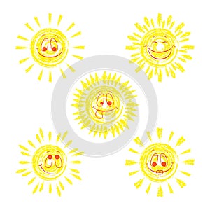 Set of funny vector doodle sun. To design your ideas.