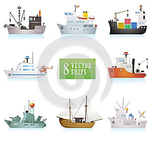 Set of funny vector ships in cartoon style