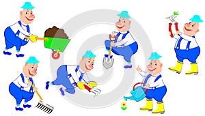 Set of funny workers with different garden tools.