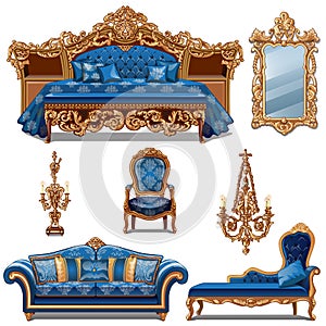 A set of furniture blue color for vintage interior isolated on white background. Vector cartoon close-up illustration.