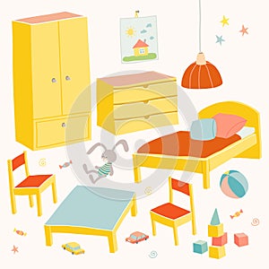 Set of furniture for children room. Kids small furniture. Bed, table with children`s chairs, wardrobe and chest. Hand