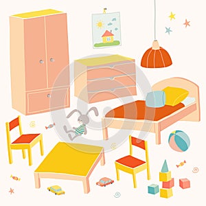Set of furniture for children room. Kids small furniture.Bed, table with children`s chairs, wardrobe and chest. Hand