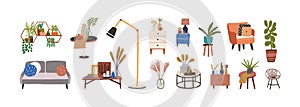 Set of furniture and decor elements vector flat illustration. Collection of home decorations for cosiness interior