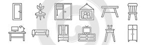 Set of 12 furniture icons. outline thin line icons such as wardrobe, cabinet, couch, table, window, flowerpot