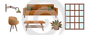 Set of furniture in the living room. Sofa, chair, coffee table, lamp and window. Isolated objects on a white background