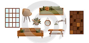 Set of furniture in the living room. Sofa, chair, coffee table, lamp, mirror and wardrobe. Isolated objects on a white background