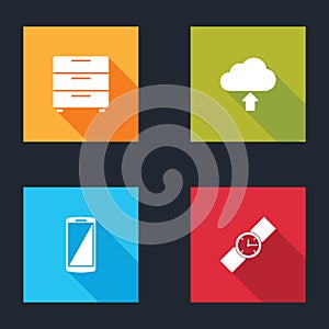 Set Furniture nightstand, Cloud upload, Smartphone, mobile phone and Wrist watch icon. Vector