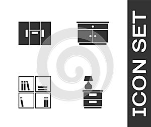 Set Furniture nightstand with lamp, Wardrobe, Shelf books and icon. Vector