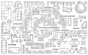 Un conjunto compuesto por muebles apartamentos. despliegue de un piso diseno técnico dibujo. icono banos 