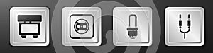 Set Fuse, Electrical outlet, LED light bulb and Audio jack icon. Silver square button. Vector