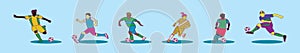 Set of futsal player cartoon icon design template with various models. vector illustration isolated on blue background
