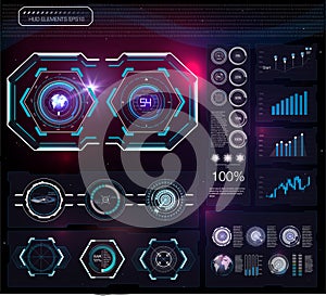 Set of futuristic blue infographics as head-up display. Display navigation elements for the web and app. Futuristic user interface